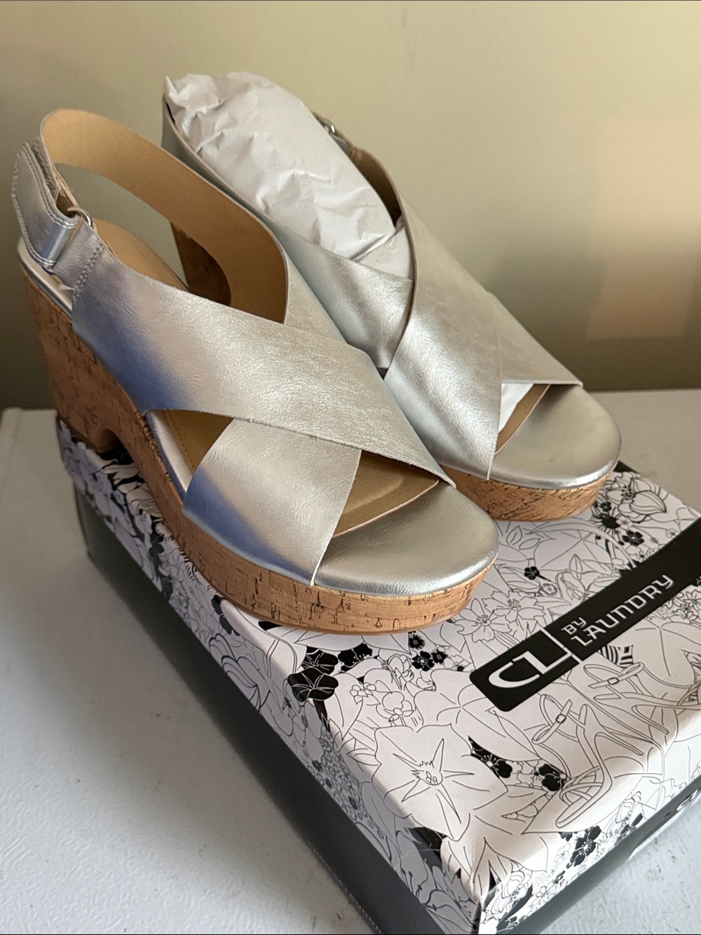 CL by Laundry Metallic Silver Cork Wedge Sandals